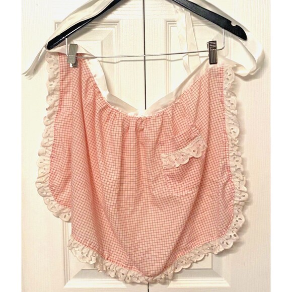 Vtg Handmade Half Apron Lace Red White Diner Pocket Ribbon Bow Cottagecore Chic - Picture 7 of 9